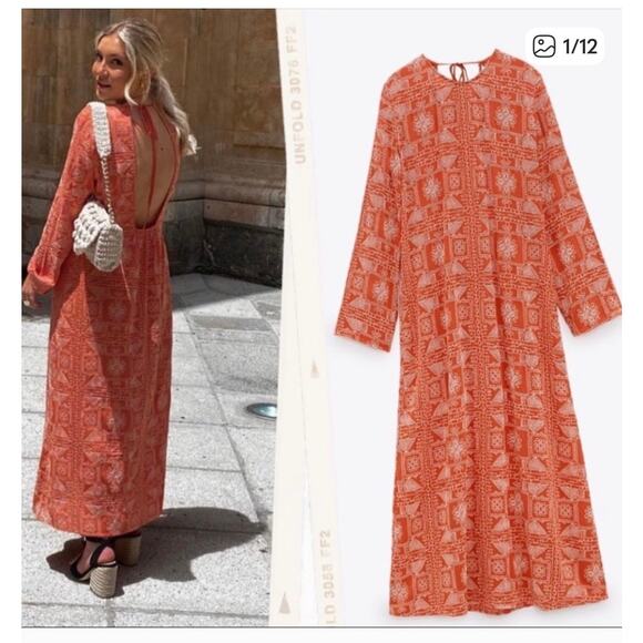 Zara Women’s Embroidered Maxi Dress L Open Back Blogger’s Favorite Orange - Picture 1 of 13